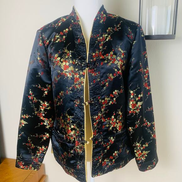 Vintage Chinese Sz L Style Gold Silky Reversible Jacket Floral Embroidered Retro - Picture 3 of 16